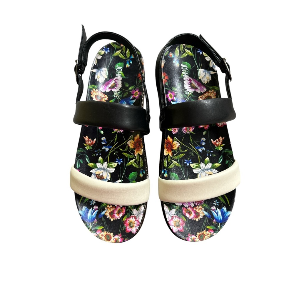 Johnny Was Double Band Leather Black Cream Floral Sandal Women's 10 NIB Dust Bag